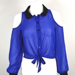 Blue and Black Cold Shoulder Blouse